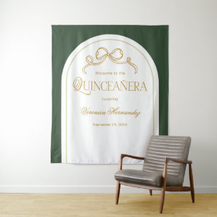 Green Gold Bow Elegant Quinceanera Photo Backdrop Tapestry