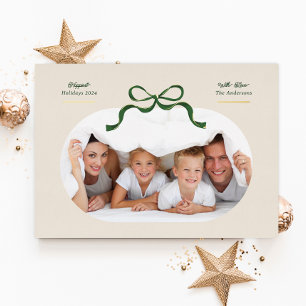 Green & Gold Bow Happiest Holidays Oval Photo Foil Holiday Card