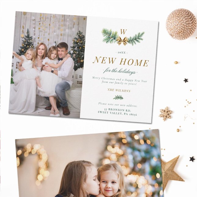 Green Gold Bow Moving Family Monogram 2 Photos Holiday Card (green gold elegant holidays christmas moving announcement card two photos modern calligraphy classy)