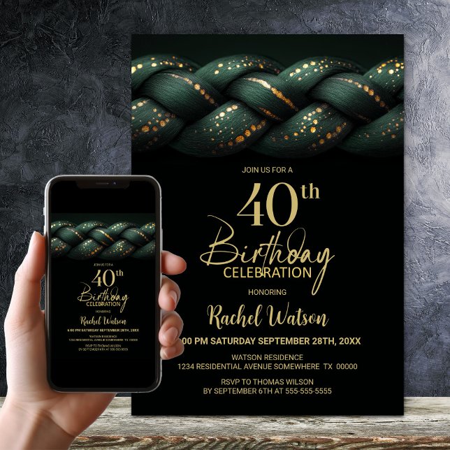 Green Gold Braid 40th Birthday Party Invitation (Creator Uploaded)