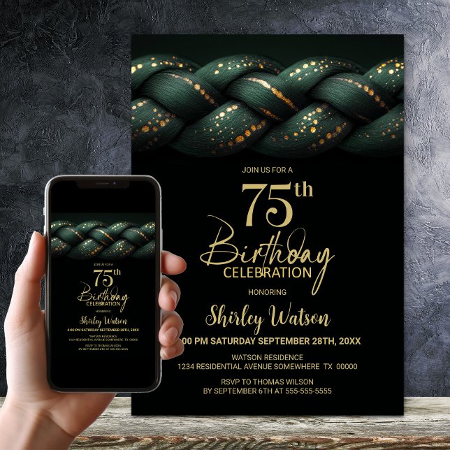 Green Gold Braid 75th Birthday Party Invitation (Creator Uploaded)
