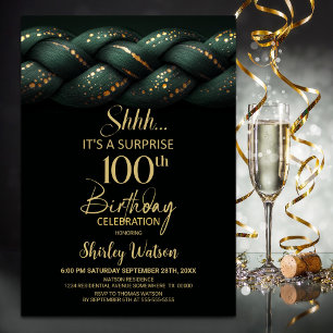 Green Gold Braid Surprise 100th Birthday Party Invitation