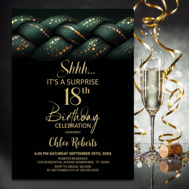 Green Gold Braid Surprise 18th Birthday Party Invitation (Creator Uploaded)