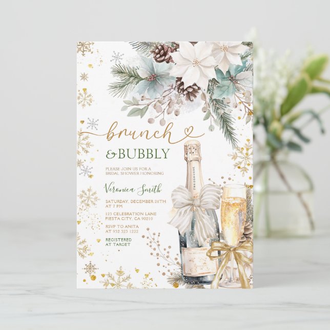 Green Gold Brunch Bubbly Champagne Bridal Shower  Invitation (Standing Front)