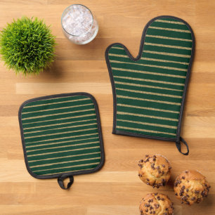Green Gold Brush Strokes Stripes Oven Mitt & Pot Holder Set