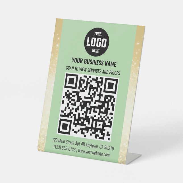 Green & Gold Business QR Code Pedestal Sign (Front)