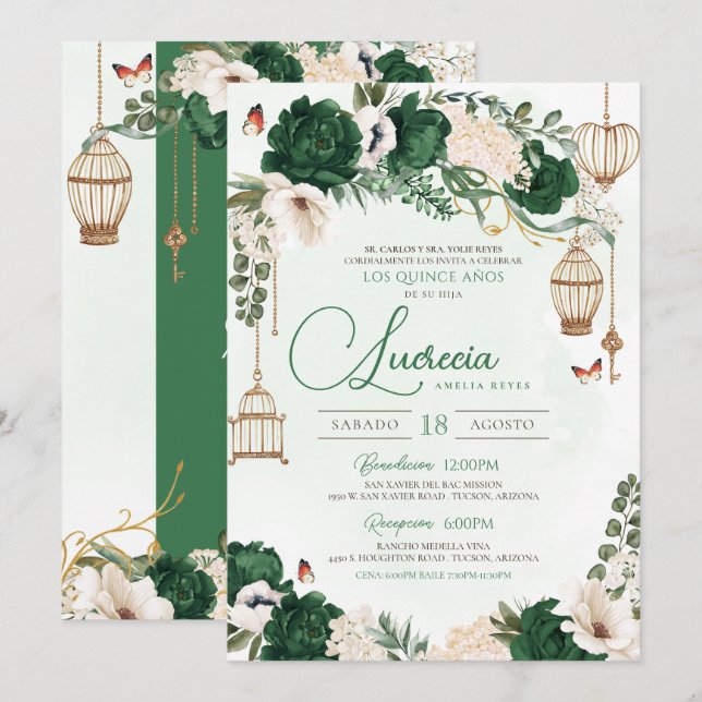 Green Gold Butterfly Floral Elegant Quinceañera Invitation (Front/Back)