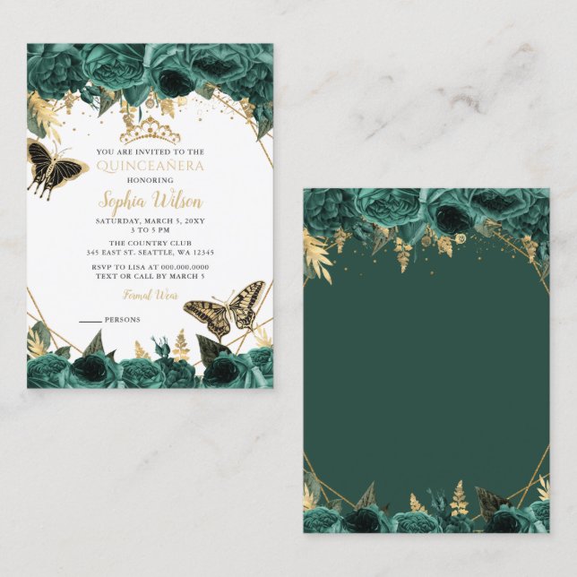 Green Gold Butterfly Quinceañera Mini Invitation (Front/Back)