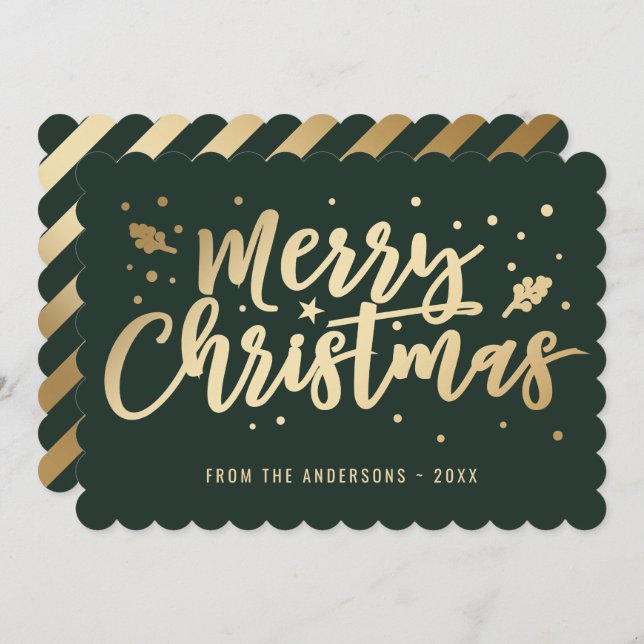 Green Gold Calligraphy Merry Christmas Holiday Card (Front/Back)