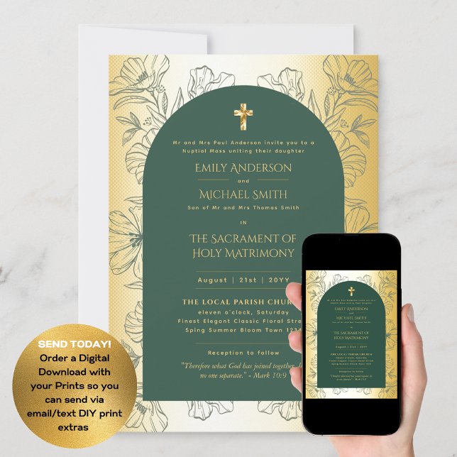 Green Gold  Catholic Nuptial Mass Wedding Invitation (Creator Uploaded)