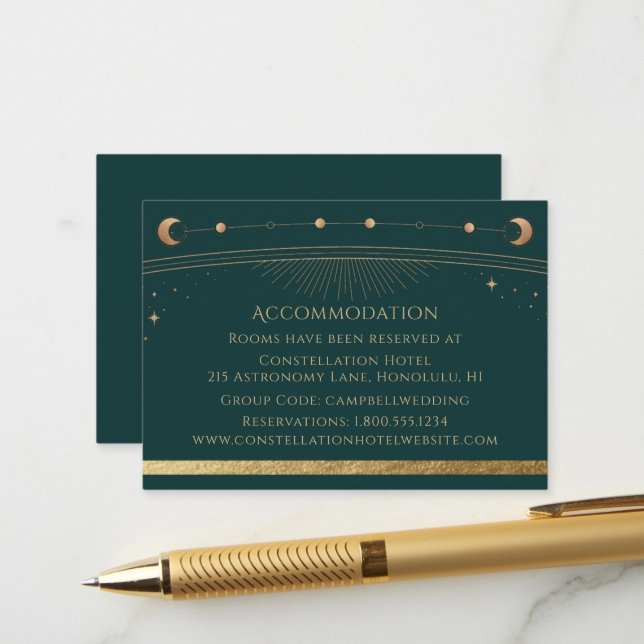 Green Gold Celestial Wedding Accommodation Enclosure Card (Front/Back In Situ)
