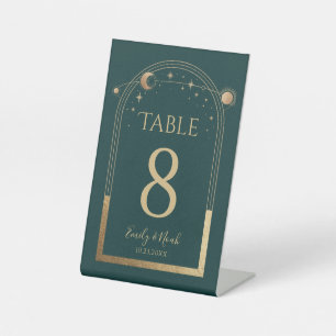 Green Gold Celestial Wedding Table Number Pedestal Sign