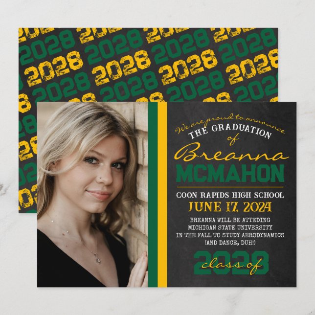 Green & Gold Chalkboard Graduation Announcement (Front/Back)