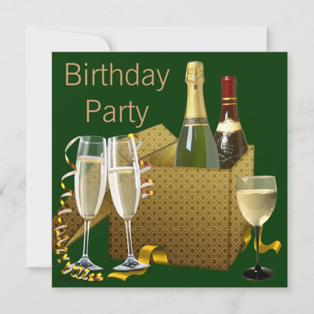 Green Gold Champagne Wine Glasses Birthday Party Invitation (Front)