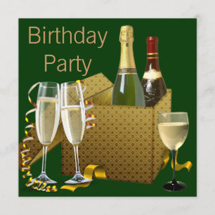 Green Gold Champagne Wine Glasses Birthday Party Invitation