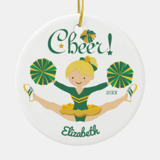 Green & Gold Cheer Blonde Cheerleader Ornament