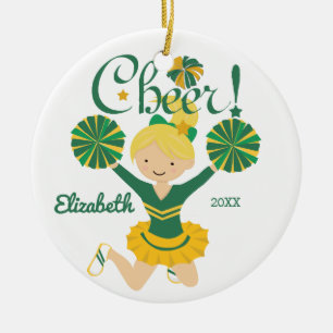 Green & Gold Cheer Blonde Cheerleader Ornament