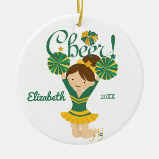 Green & Gold Cheer Brunette Cheerleader Ornament