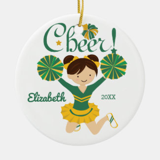 Green & Gold Cheer Dark Hair Cheerleader Ornament