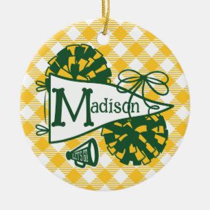 Green Gold Cheer Pennant Gingham Personalised Ceramic Tree Decoration