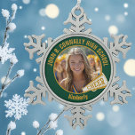 Green Gold Cheerleader Photo High School Snowflake Pewter Christmas Ornament<br><div class="desc">This cool customized high school cheerleader photo gift features your name on a dark green and gold snowflake shaped Christmas ornament with a CHEER megaphone. Personalize with your student's photograph and class year as a proud cheerleading parent. A great gift for a mom or dad.</div>
