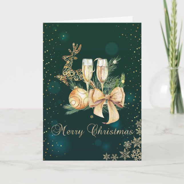 Green,Gold Christmas Balls,Wine Glass,Snowflakes  Holiday Card (Front)