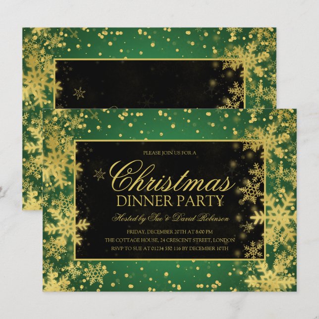 Green Gold Christmas Dinner Winter Snowflakes Invitation (Front/Back)