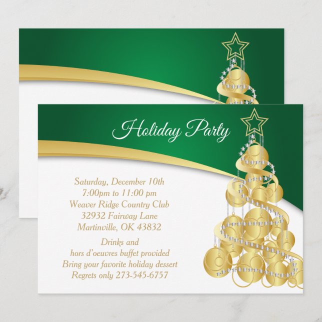 Green Gold Christmas Holiday Tree Invitation (Front/Back)