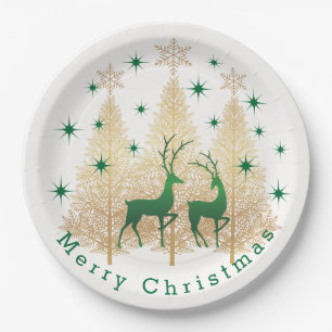 Green & gold Christmas tree, reindeer, snowflakes Paper Plate