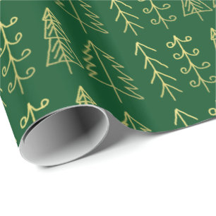 Green Gold Christmas Trees Pattern Modern Wrapping Paper
