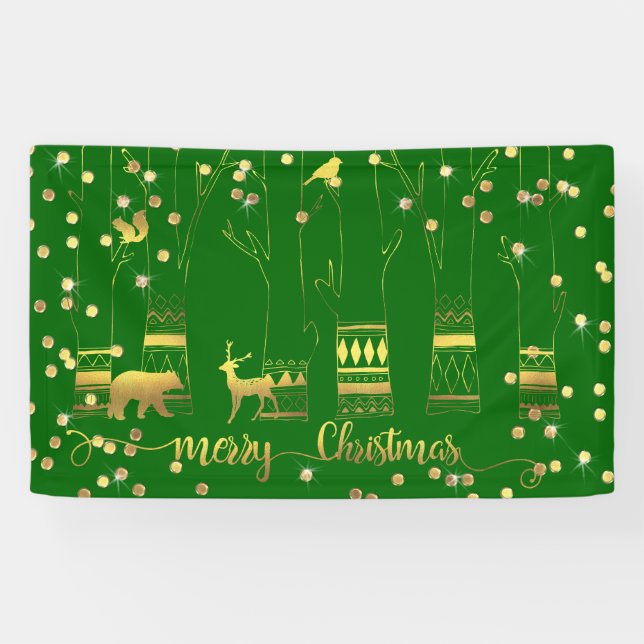 Green Gold Christmas Woodland Confetti Sparkles Banner (Horizontal)