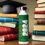 Green Gold Class of 2024 Personalised Graduation Water Bottle<br><div class="desc">This classic green gold custom senior graduate water bottle features bold white typography reading class of 2024 in varsity letters for a high school or college graduation party keepsake gift. Customise with your name in elegant gold script underneath for a great commemorative favour.</div>