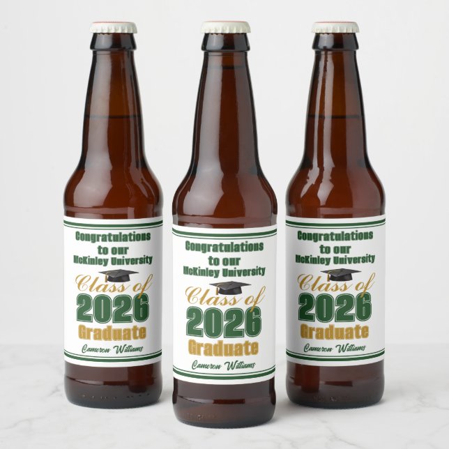 Green Gold Class of 2026 Custom Graduation Party Beer Bottle Label (Bottles)