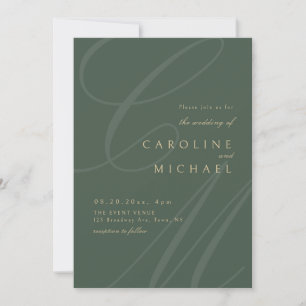 Green & Gold Classic calligraphy monogram wedding Invitation