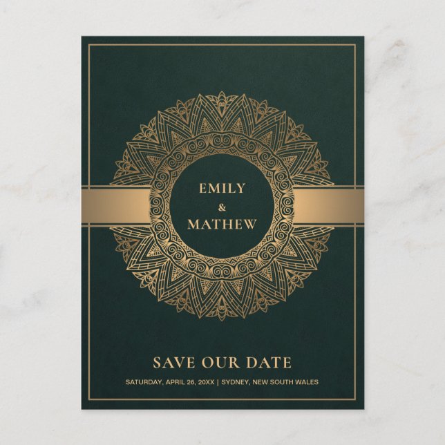 GREEN GOLD CLASSIC ORNATE MANDALA SAVE THE DATE ANNOUNCEMENT POSTCARD (Front)