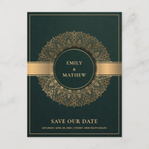 GREEN GOLD CLASSIC ORNATE MANDALA SAVE THE DATE ANNOUNCEMENT POSTCARD