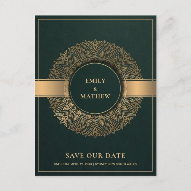 GREEN GOLD CLASSIC ORNATE MANDALA SAVE THE DATE ANNOUNCEMENT POSTCARD (Front)
