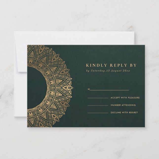 GREEN GOLD CLASSIC ORNATE MANDALA WEDDING RSVP (Front)