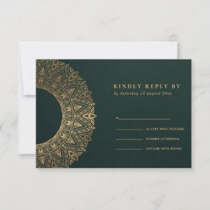 GREEN GOLD CLASSIC ORNATE MANDALA WEDDING RSVP CARD