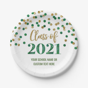 Green Gold Confetti Graduation 2021 Paper Plate