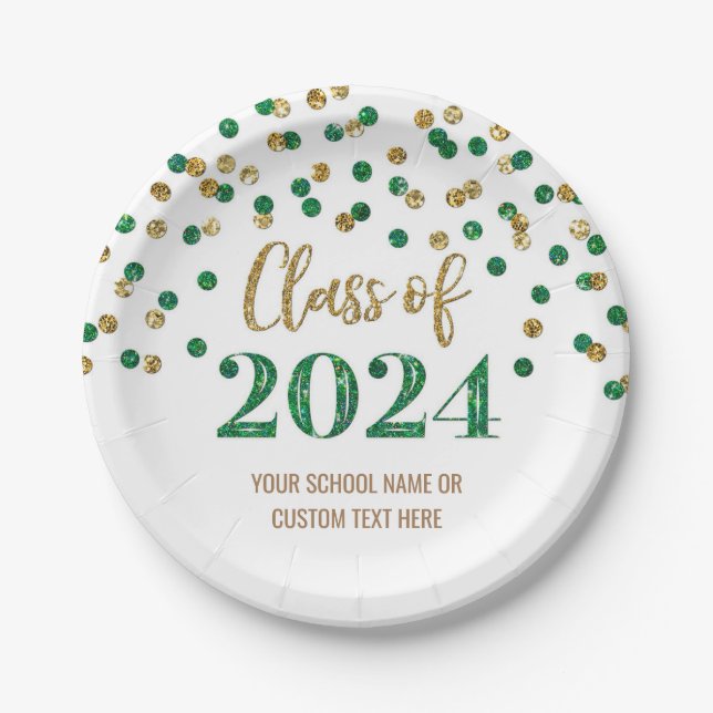 Green Gold Confetti Graduation 2024 Paper Plate (Front)
