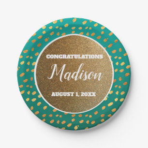 Green Gold Confetti Graduation College Trunk Party Paper Plate