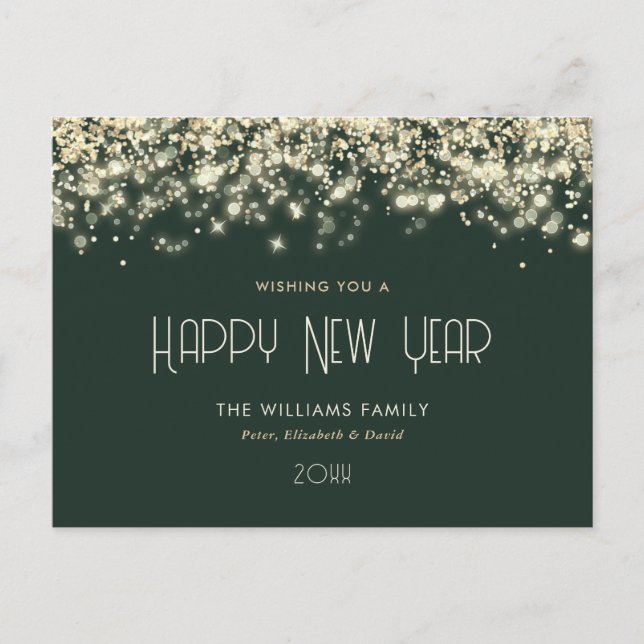 Green Gold Confetti Happy New Year Postcard (Front)