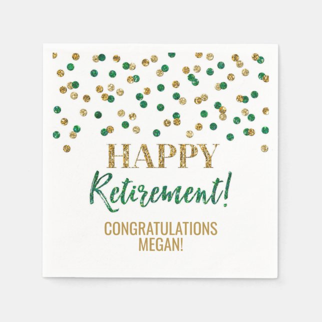 Green Gold Confetti Happy Retirement Napkin (Front)