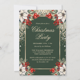 Green Gold Confetti Holly Berries Christmas Party Invitation