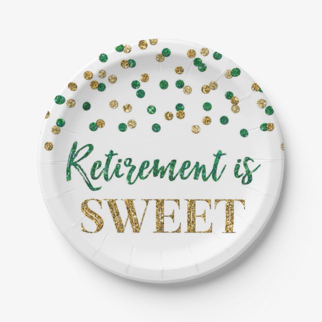 Green Gold Confetti Retirement is Sweet Paper Plate (Front)