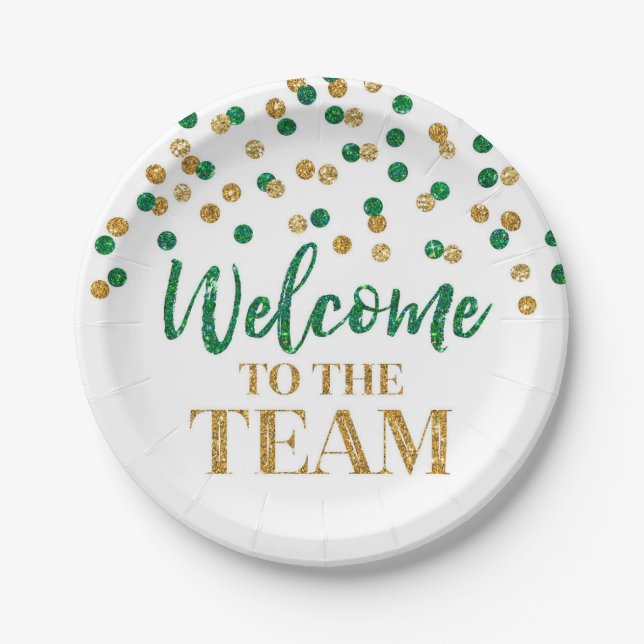 Green Gold Confetti Welcome to the Team Paper Plate (Front)