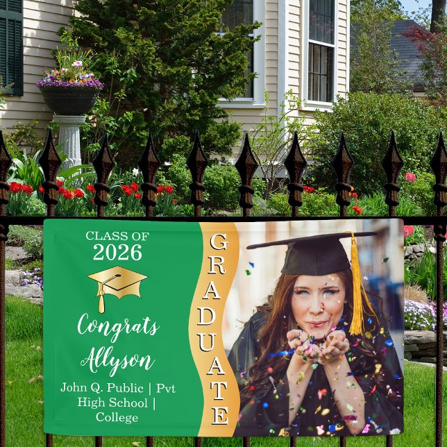 Green | Gold Congrats Graduate Wave Photo Banner (Classy Modern Green and Gold Tone "Graduate" Grad Cap Graduation Party Banner )