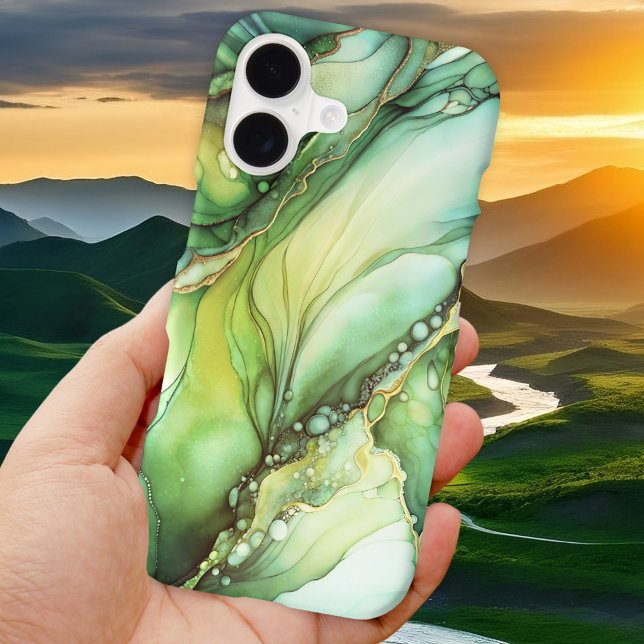 Green Gold Contemporary Abstract Art Phone Case (Phone case featuring an abstract veined design in green and gold colors)