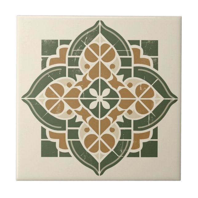 Green, Gold & Cream Geometric Pattern Ceramic Tile (Front)